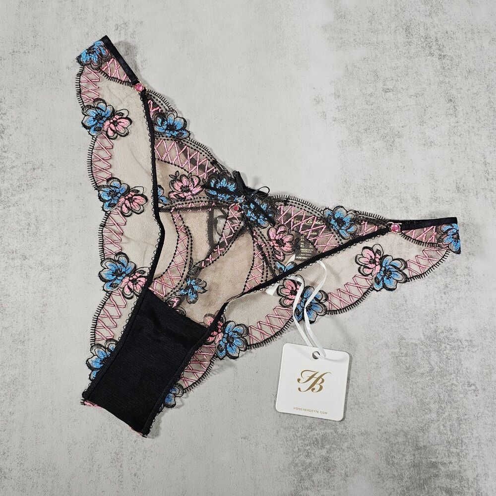 Honey Birdette Priya Black Brazilian Panty with Pastel Floral Embroidery Size XL